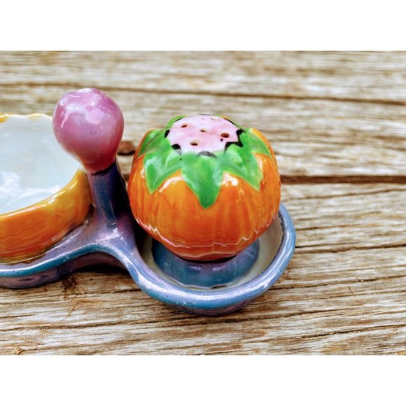 Vintage Salt Cellar  with pepper shaker Tray Pumpkin Lusterware - Picture 7 of 10
